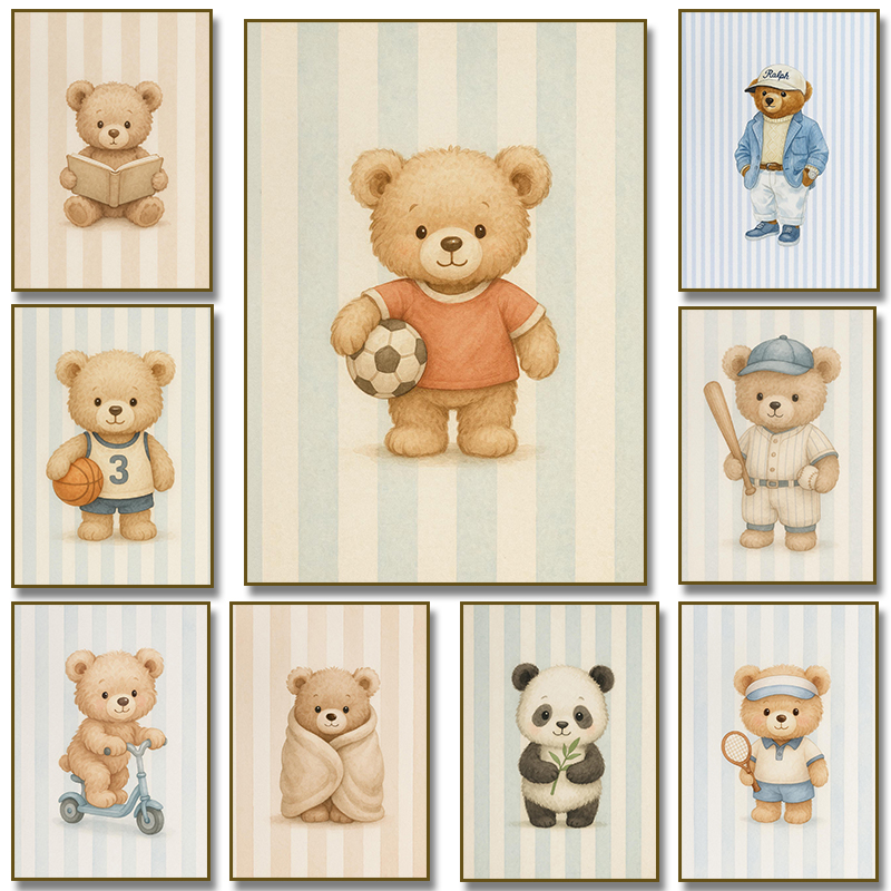 Badminton Poster - Blue Stripes Panda with Bamboo Teddy